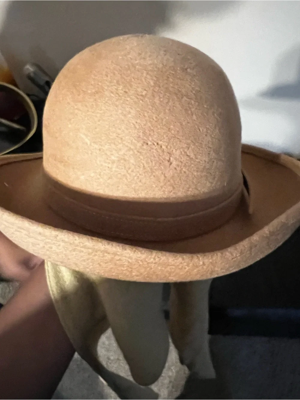 Adolfo Beige Felt Bowler Hat with Attached Scarf